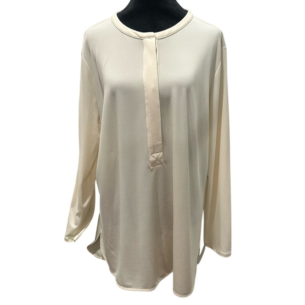 Lauren Ralph Lauren Tunic Top 2X Cream Long Sleeve Henley Minimalist Officecore